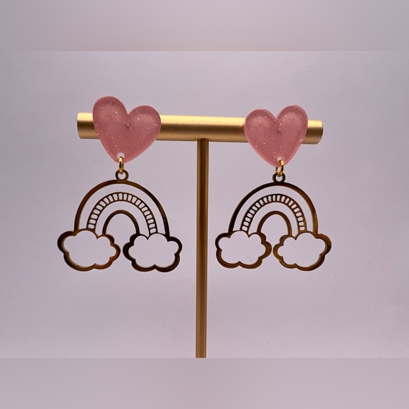 Cute Gold Cloud & Rainbow  Earrings - Pink Heart Gold Kawaii Earrings - Picture 4 of 7